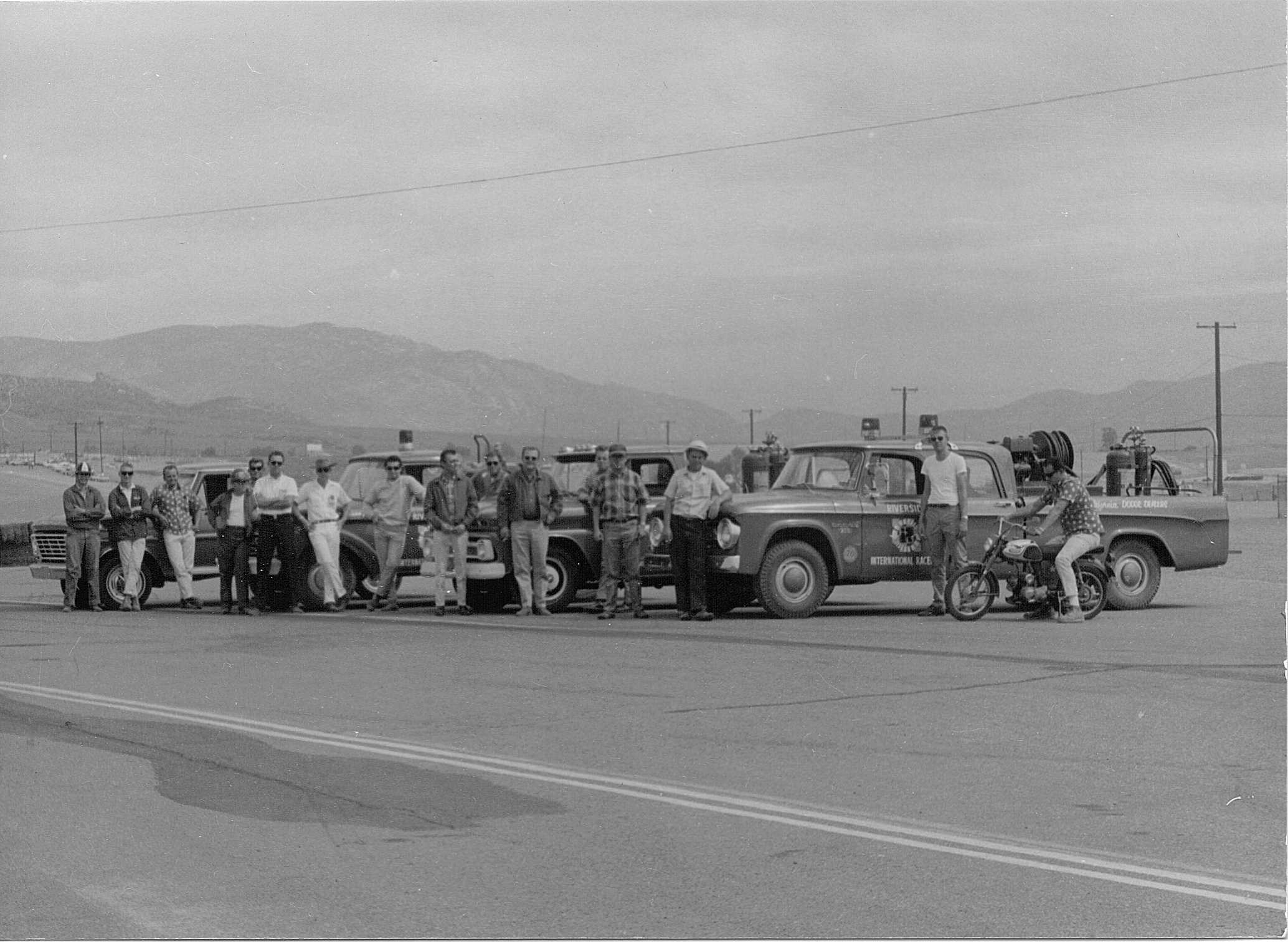 Dick Otte (center in plaid shirt and baseball cap) with one of his early Rescue Crews at Riverside Raceway. In year one he had 3 men and 1 truck, within two years he'd grown it to 75 men and 10 trucks. Soon he would develop specialized equipment like the first ever fire-rescue dune buggy. He'd serve as Safety Director at Riverside for 9 years.