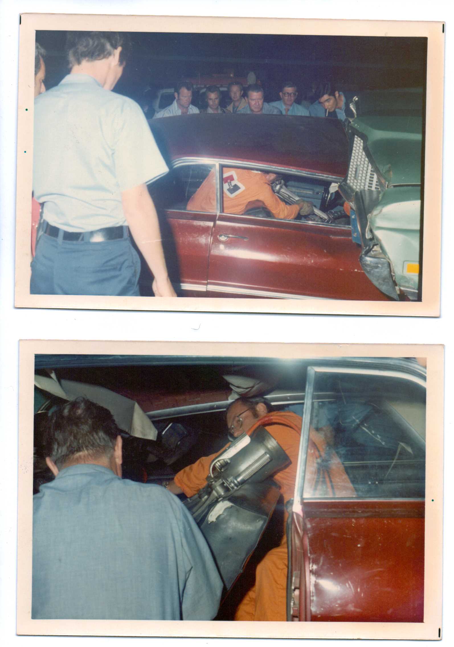 On the set of Emergency! in June 1972: the actors looks on as Dick Otte uses the Jaws of Life during filming of the "Peace Pipe" episode